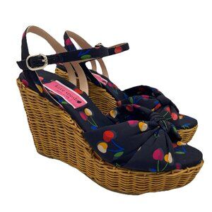 Kate Spade Anita Cherry Wedge Sandals 9.5 Raffia Satin Peep Toe Retro Beachy